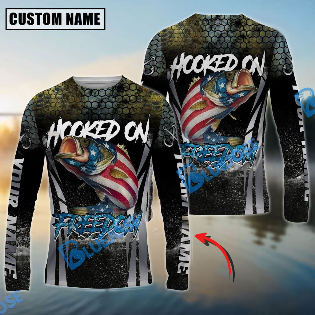 BlueJose Bass Fishing Patriotic American Flag Skin Design Custom Name & Team Name 3D Shirts