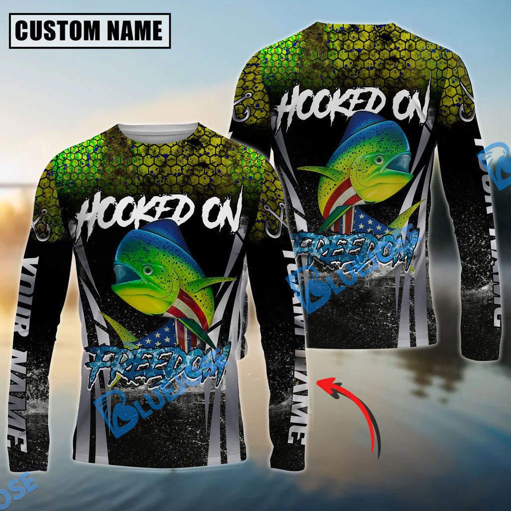 BlueJose Mahi-Mahi Fishing Patriotic American Flag Skin Design Custom Name & Team Name 3D Shirts