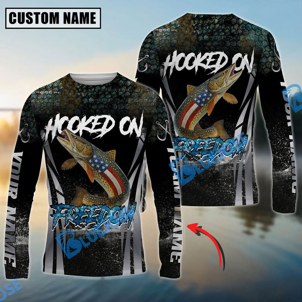 BlueJose Pike Fishing Patriotic American Flag Skin Design Custom Name & Team Name 3D Shirts