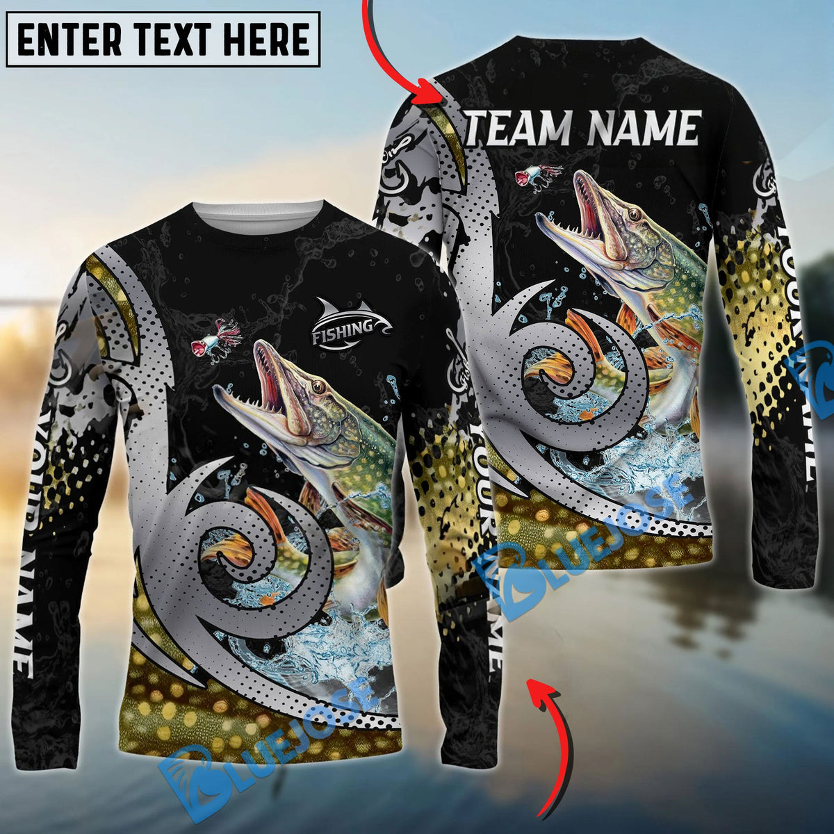 BlueJose Pike Fishing Bold Skin Modern Graphic Custom Name & Team Name 3D Shirts