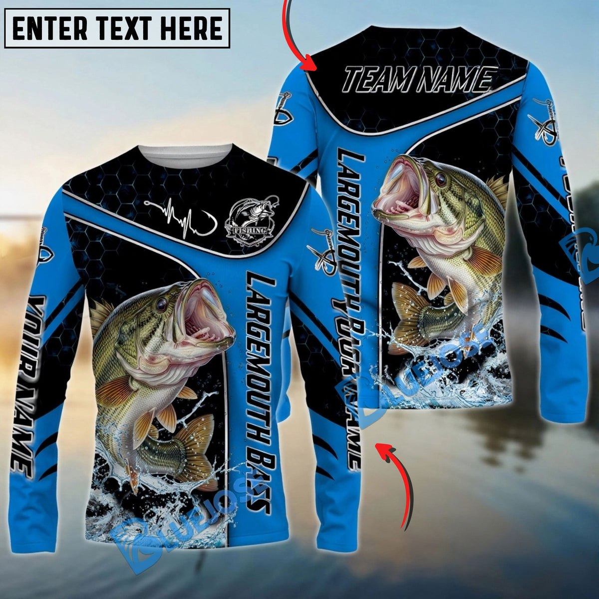 BlueJose Bass Fishing Blue Dynamic Water Splash Custom Name & Team Name 3D Shirts