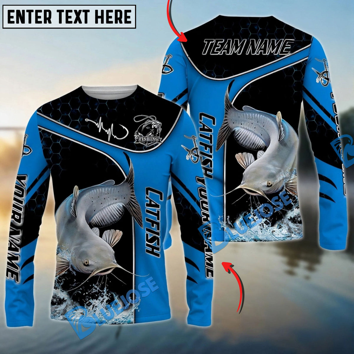 BlueJose Catfish Fishing Blue Dynamic Water Splash Custom Name & Team Name 3D Shirts
