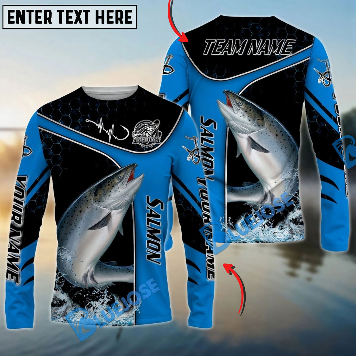 BlueJose Salmon Fishing Blue Dynamic Water Splash Custom Name & Team Name 3D Shirts
