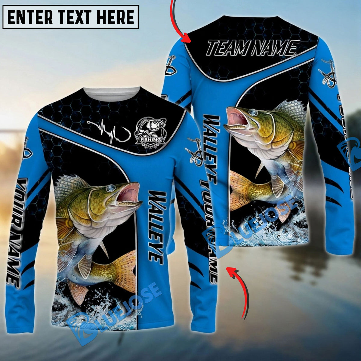 BlueJose Walleye Fishing Blue Dynamic Water Splash Custom Name & Team Name 3D Shirts