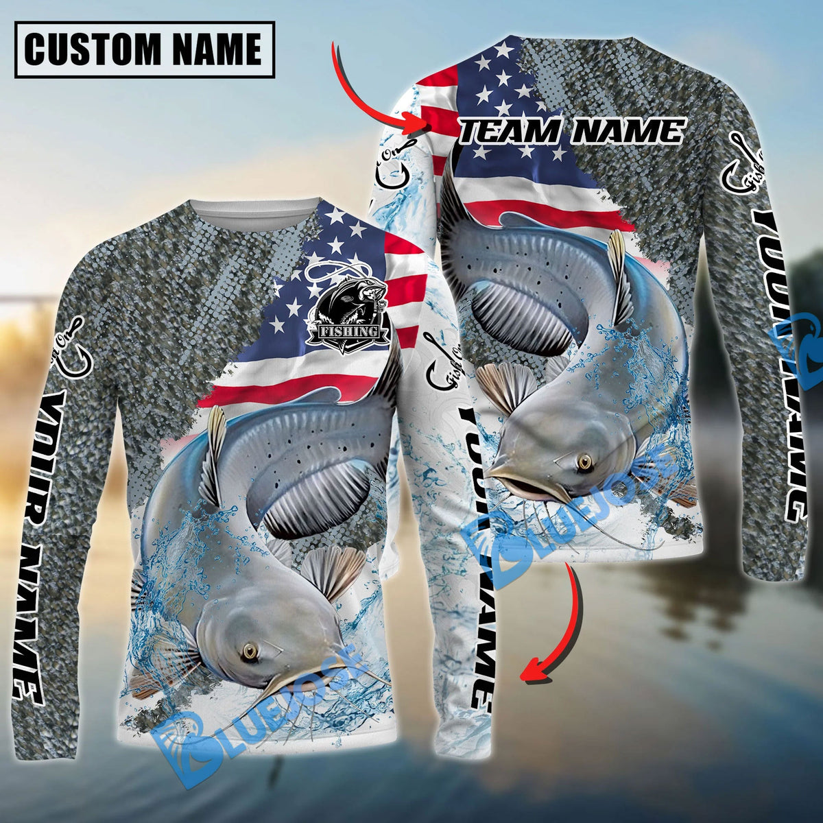 BlueJose Catfish Fishing Skin Patriotic Water Splash Custom Name & Team Name 3D Shirts