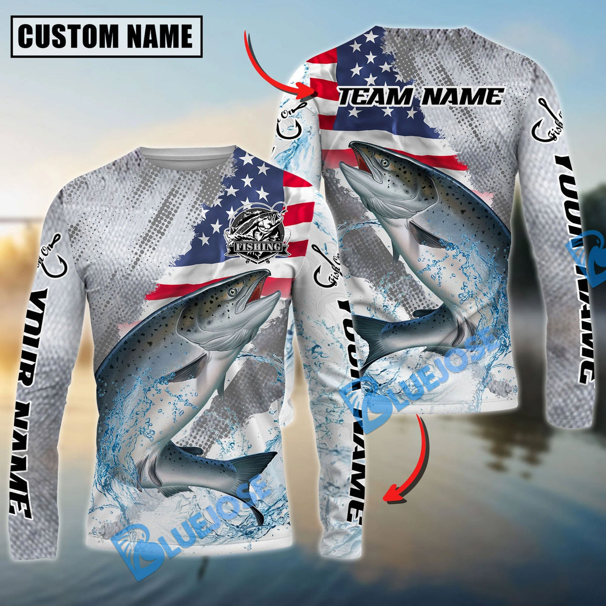 BlueJose Chinook Salmon Fishing Skin Patriotic Water Splash Custom Name & Team Name 3D Shirts