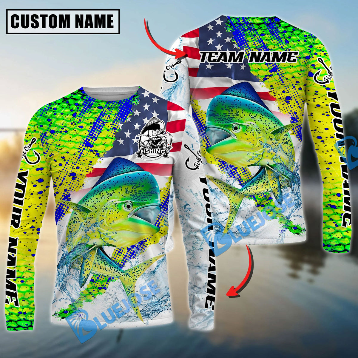 BlueJose Mahi-Mahi Fishing Skin Patriotic Water Splash Custom Name & Team Name 3D Shirts