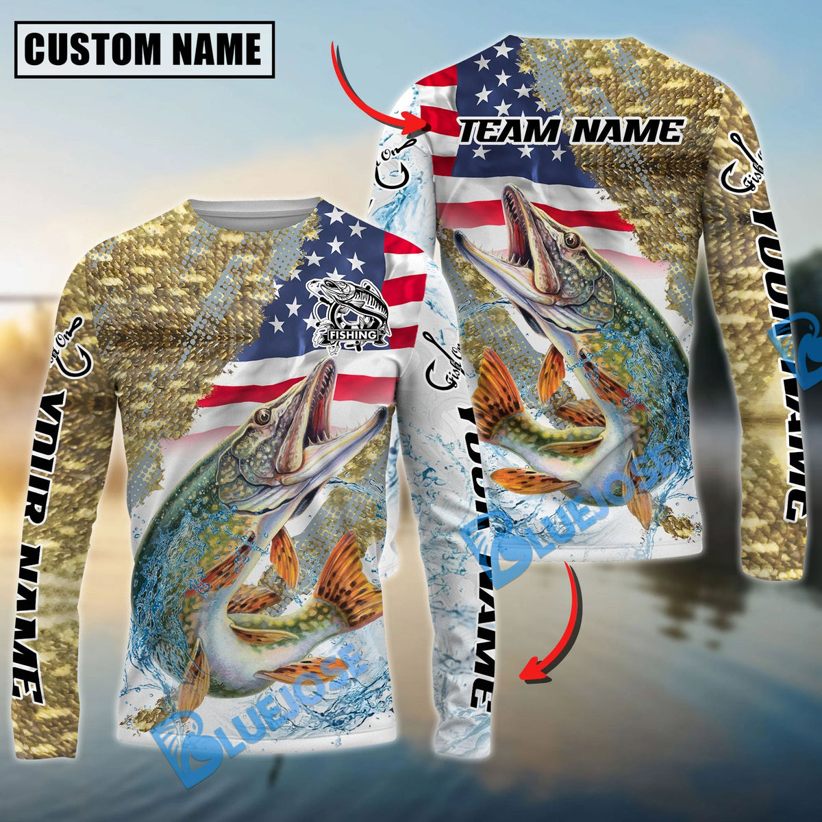 BlueJose Pike Fishing Skin Patriotic Water Splash Custom Name & Team Name 3D Shirts