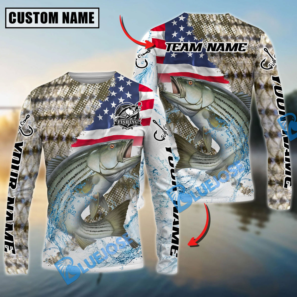 BlueJose Striped Bass Fishing Skin Patriotic Water Splash Custom Name & Team Name 3D Shirts
