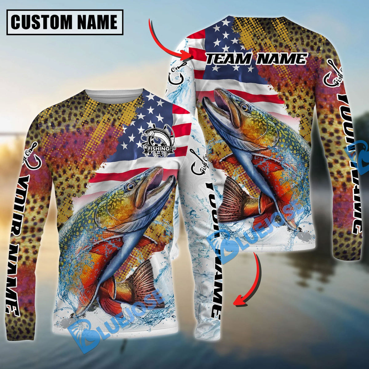 BlueJose Trout Fishing Skin Patriotic Water Splash Custom Name & Team Name 3D Shirts