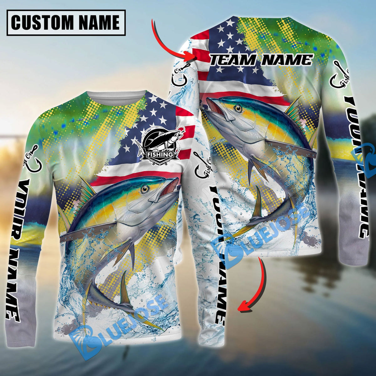 BlueJose Tuna Fishing Skin Patriotic Water Splash Custom Name & Team Name 3D Shirts