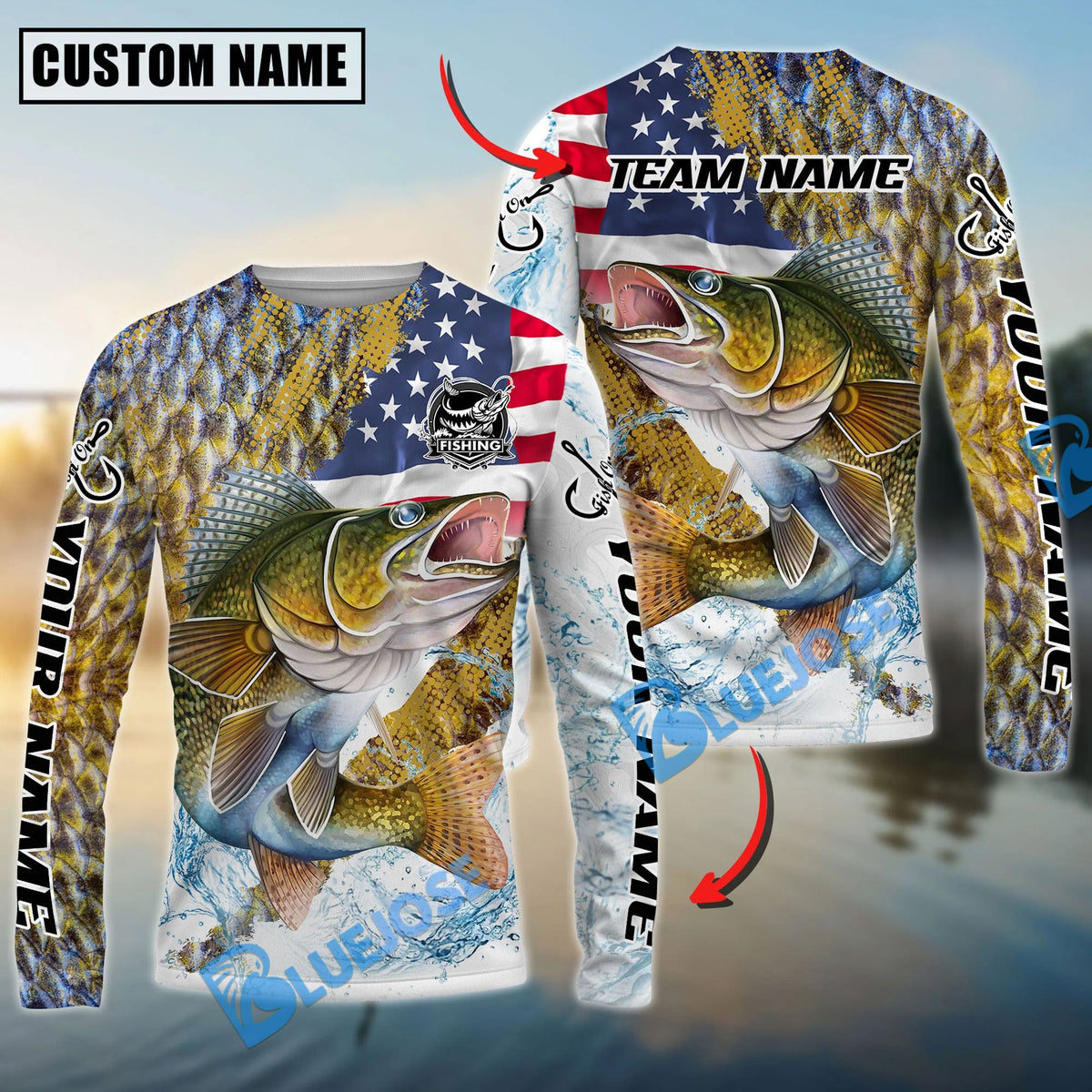 BlueJose Walleye Fishing Skin Patriotic Water Splash Custom Name & Team Name 3D Shirts