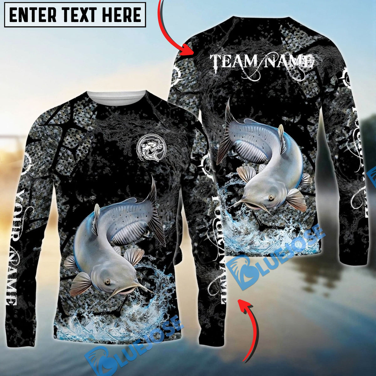BlueJose Catfish Fishing Dark Water Art Style Custom Name & Team Name 3D Shirts