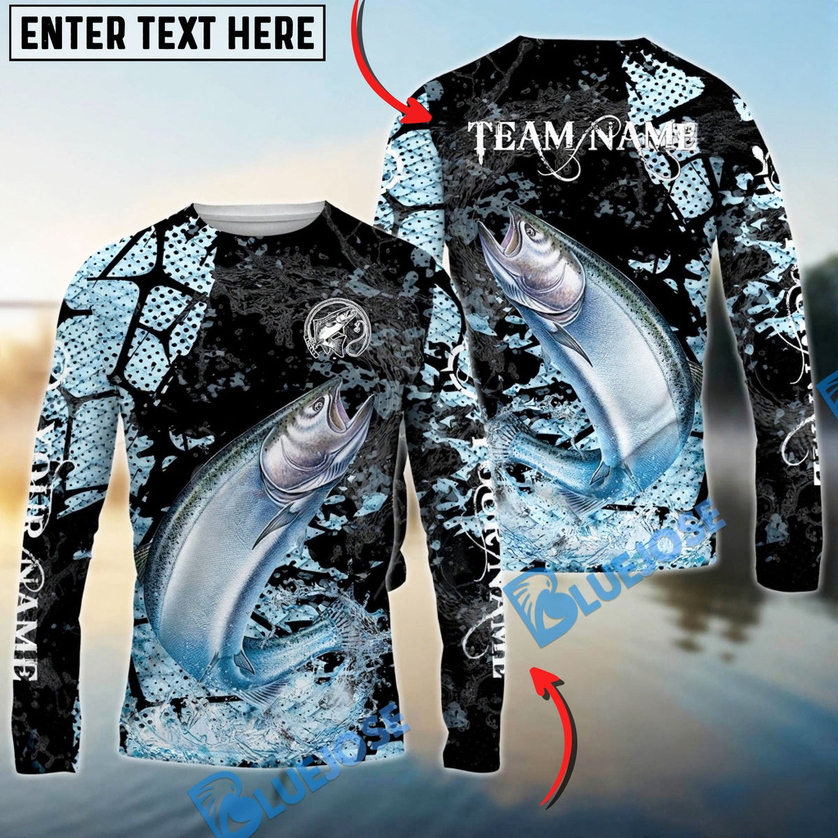 BlueJose Chinook Salmon Fishing Dark Water Art Style Custom Name & Team Name 3D Shirts