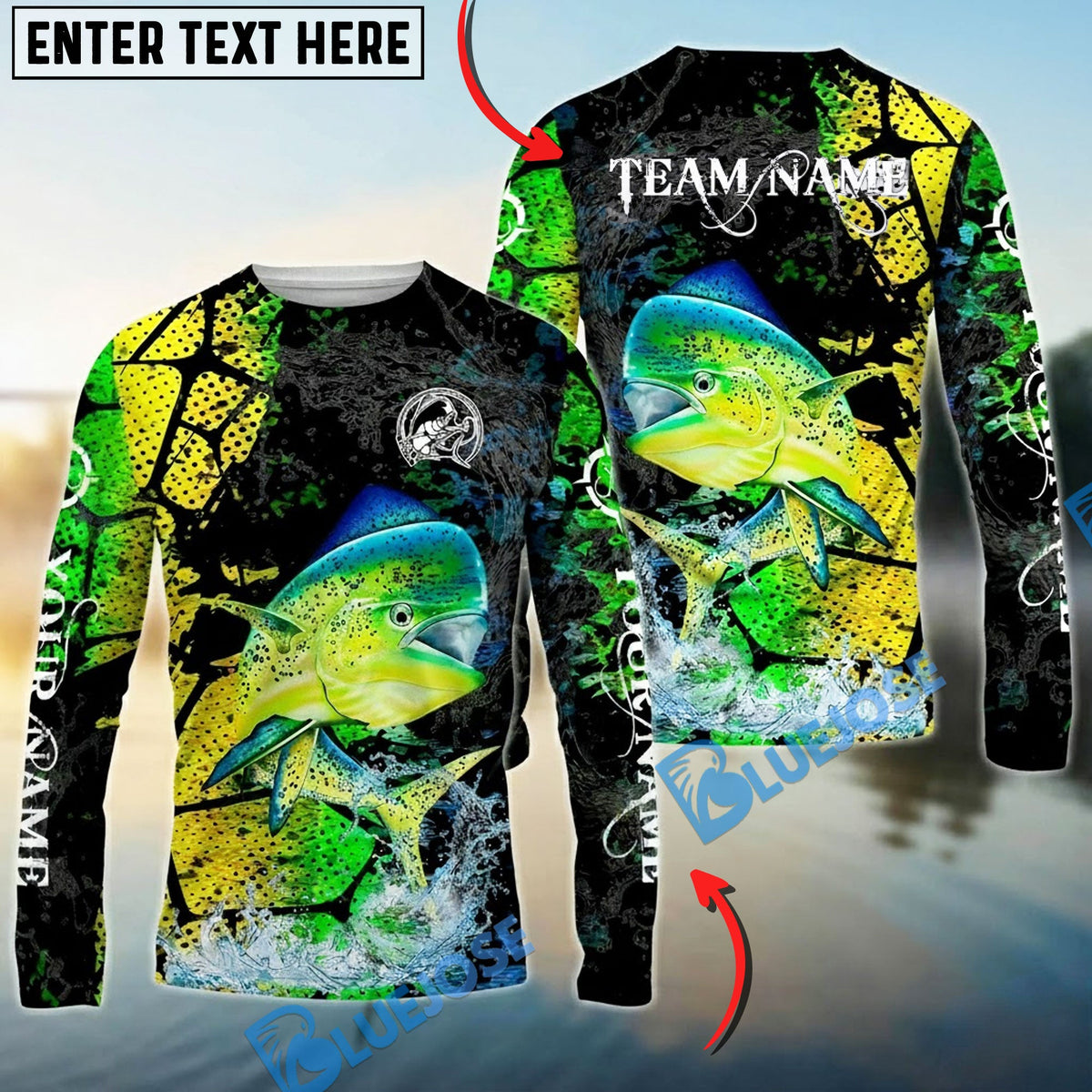 BlueJose Mahi-Mahi Fishing Dark Water Art Style Custom Name & Team Name 3D Shirts