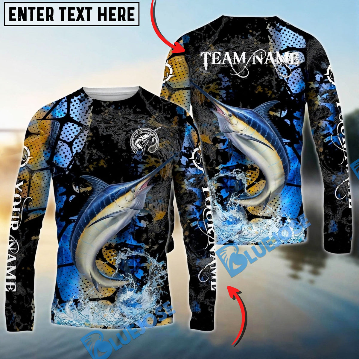 BlueJose Marlin Fishing Dark Water Art Style Custom Name & Team Name 3D Shirts