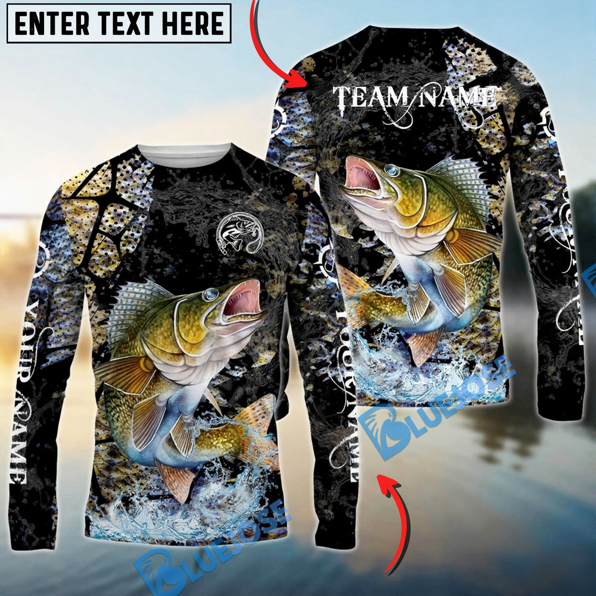 BlueJose Walleye Fishing Dark Water Art Style Custom Name & Team Name 3D Shirts