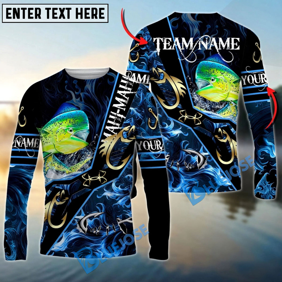 BlueJose Mahi-Mahi Fishing Realistic Jumping Blue Water Flame Golden Hooks Custom Name & Team Name 3D Shirts