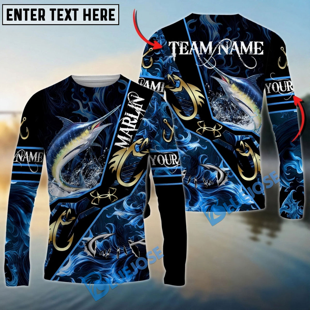 BlueJose Marlin Fishing Realistic Jumping Blue Water Flame Golden Hooks Custom Name & Team Name 3D Shirts