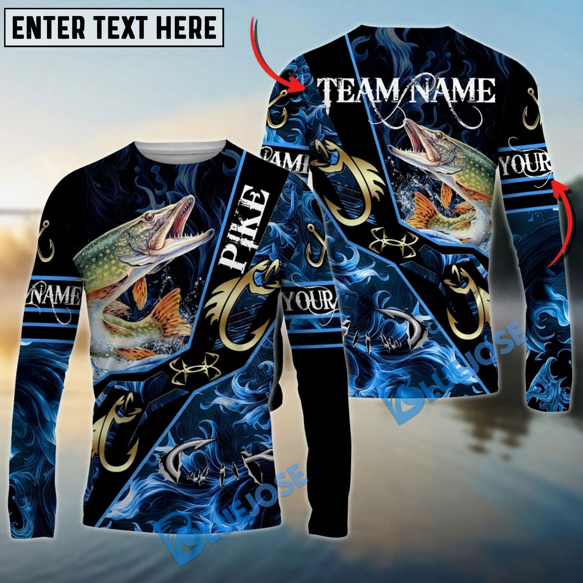 BlueJose Pike Fishing Realistic Jumping Blue Water Flame Golden Hooks Custom Name & Team Name 3D Shirts