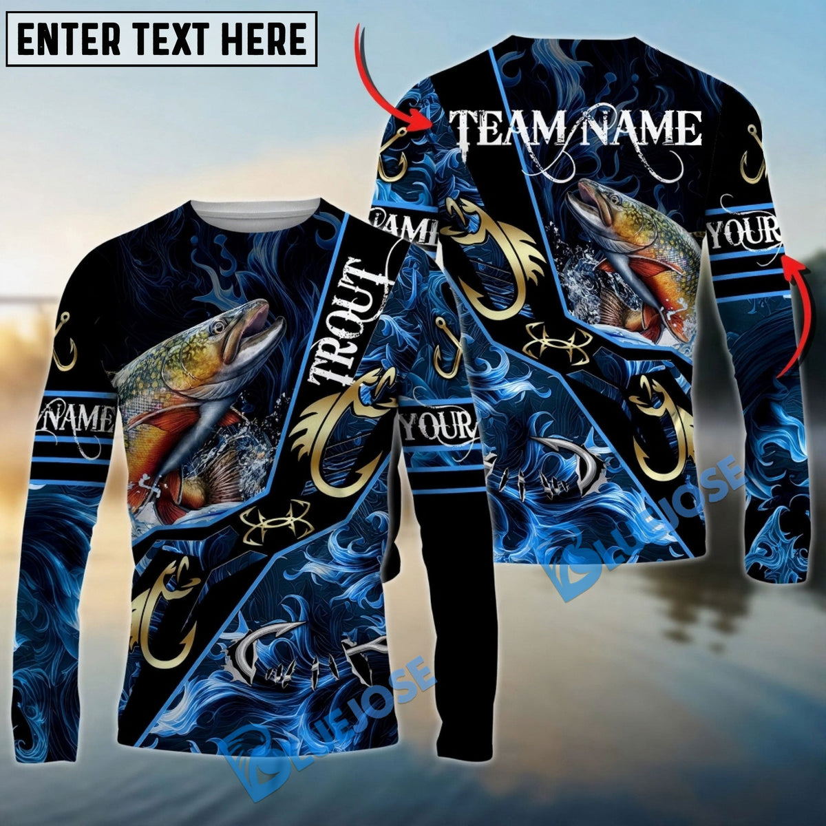BlueJose Trout Fishing Realistic Jumping Blue Water Flame Golden Hooks Custom Name & Team Name 3D Shirts