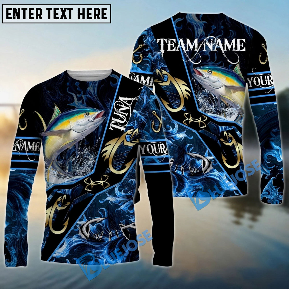 BlueJose Tuna Fishing Realistic Jumping Blue Water Flame Golden Hooks Custom Name & Team Name 3D Shirts