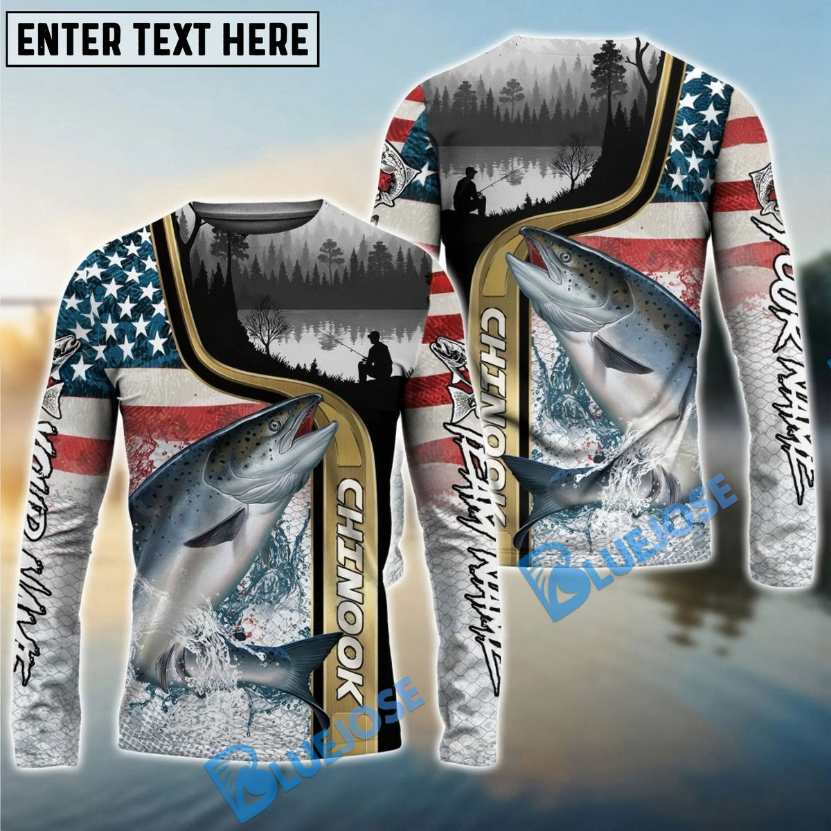 BlueJose Chinook Salmon Fishing Giant Fish Water Splash American Flag Landscape Custom Name & Team Name 3D Shirts