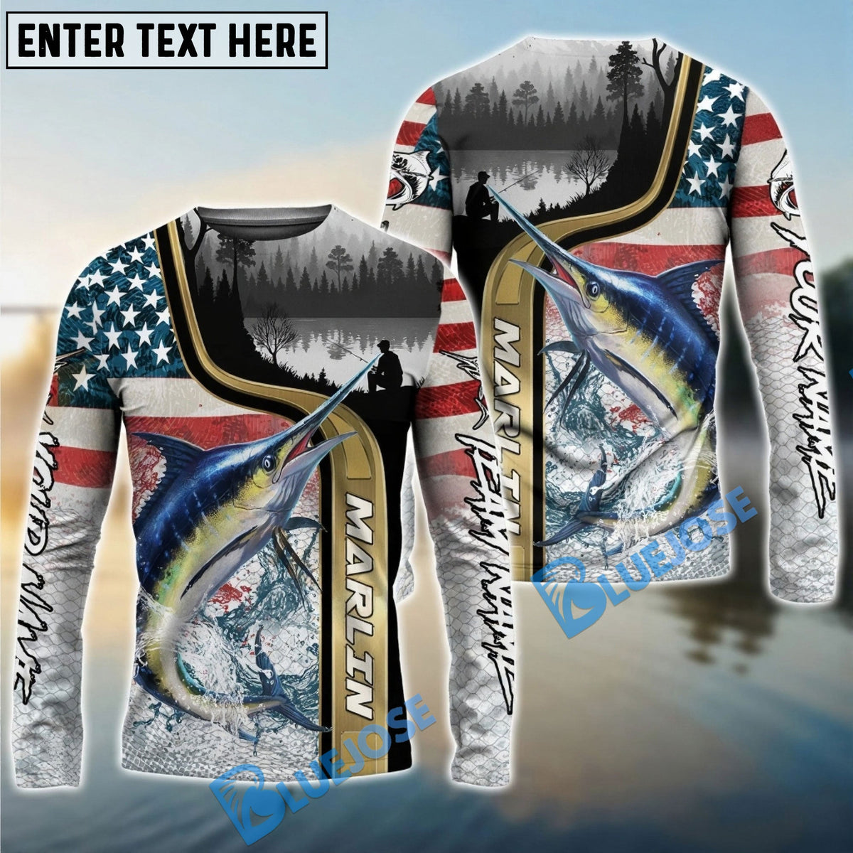 BlueJose Marlin Fishing Giant Fish Water Splash American Flag Landscape Custom Name & Team Name 3D Shirts
