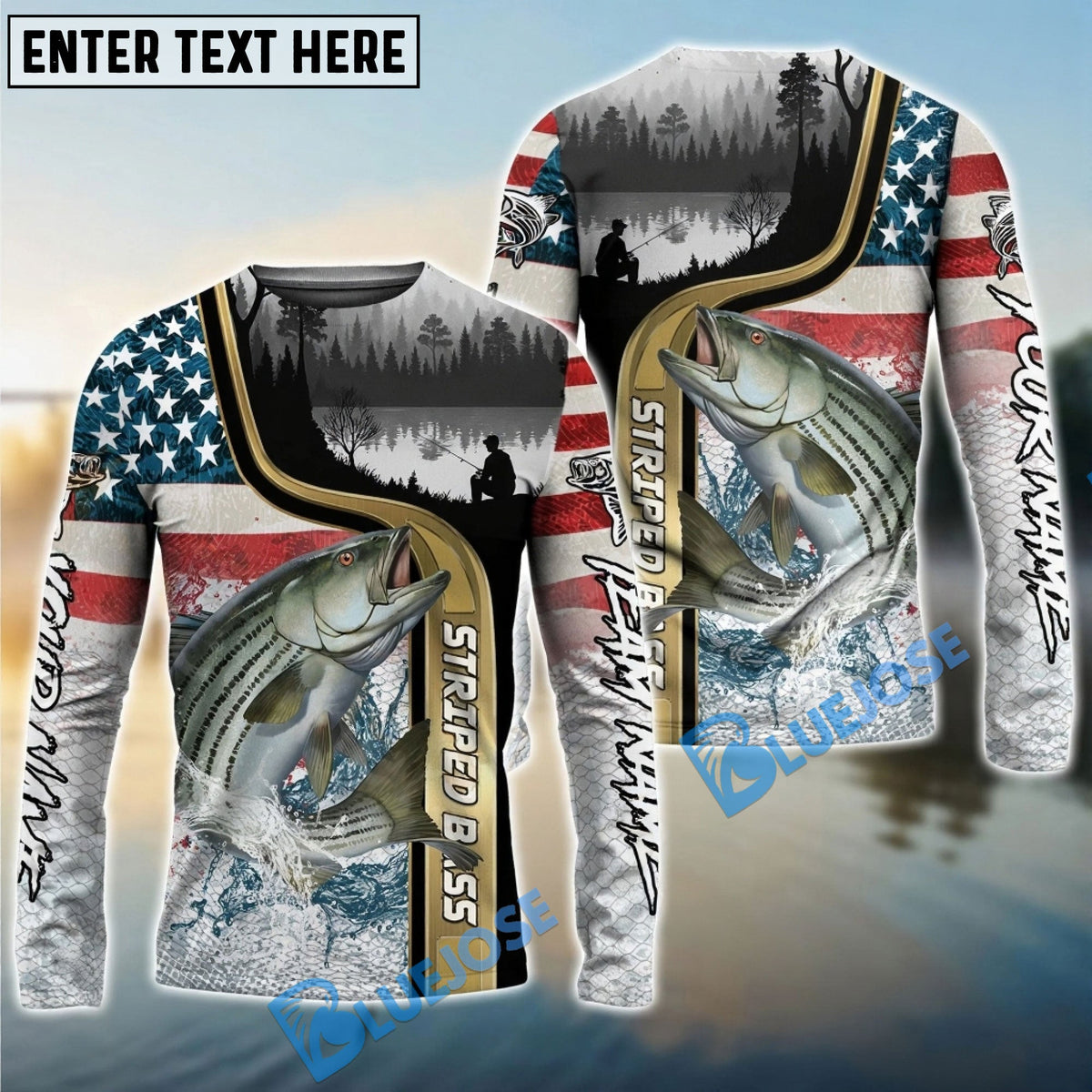 BlueJose Striped Bass Fishing Giant Fish Water Splash American Flag Landscape Custom Name & Team Name 3D Shirts
