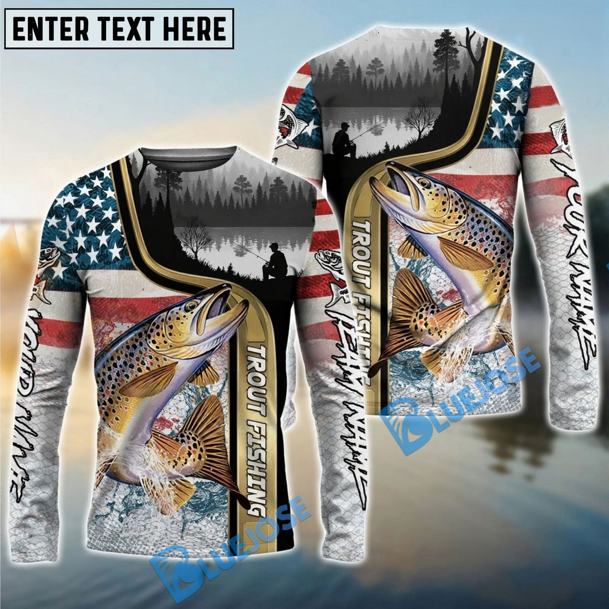BlueJose Trout Fishing Giant Fish Water Splash American Flag Landscape Custom Name & Team Name 3D Shirts