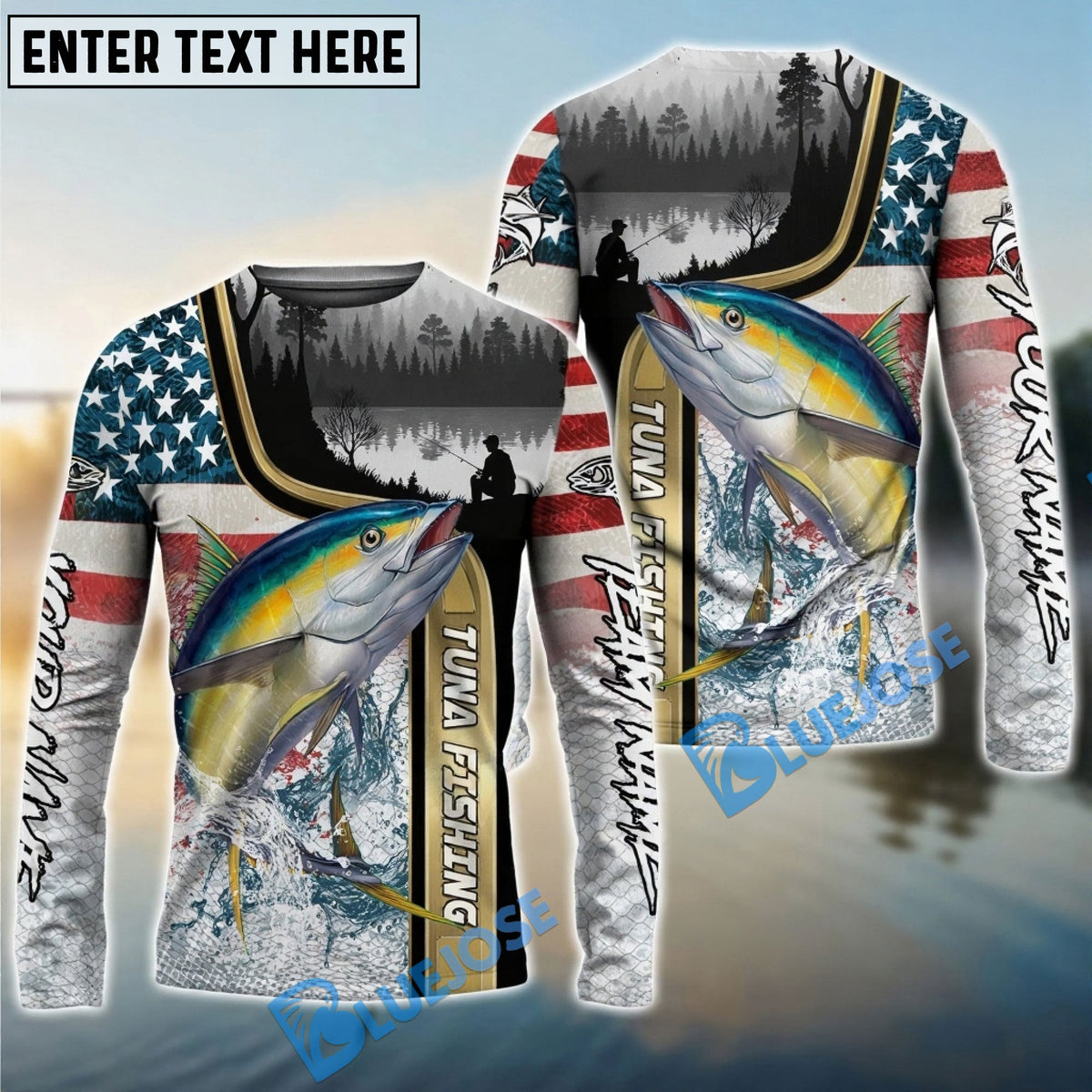 BlueJose Tuna Fishing Giant Fish Water Splash American Flag Landscape Custom Name & Team Name 3D Shirts