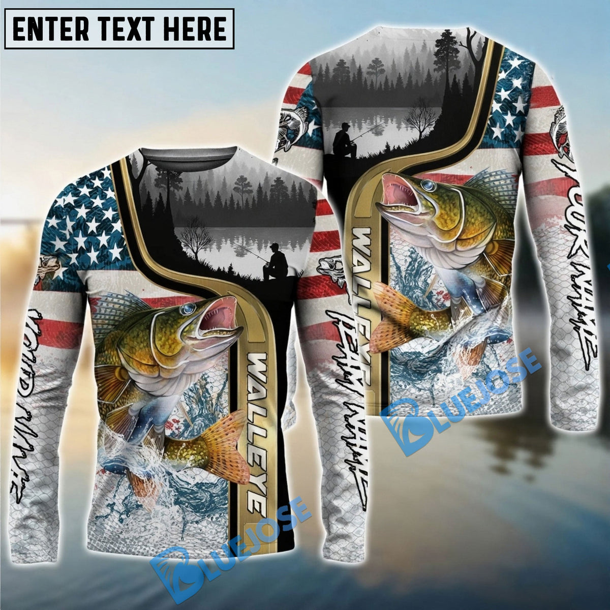BlueJose Walleye Fishing Giant Fish Water Splash American Flag Landscape Custom Name & Team Name 3D Shirts