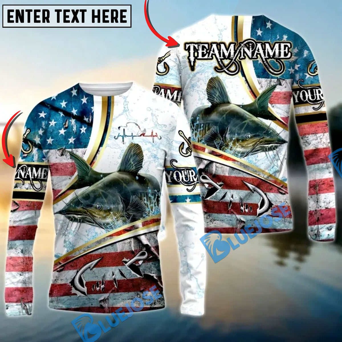 BlueJose Catfish Fishing USA Flag Dynamic Splash Custom Name & Team Name 3D Shirts