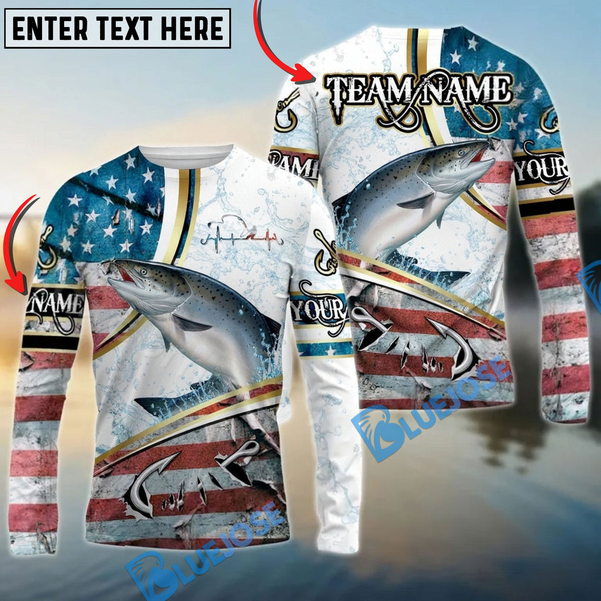 BlueJose Chinook Salmon Fishing USA Flag Dynamic Splash Custom Name & Team Name 3D Shirts