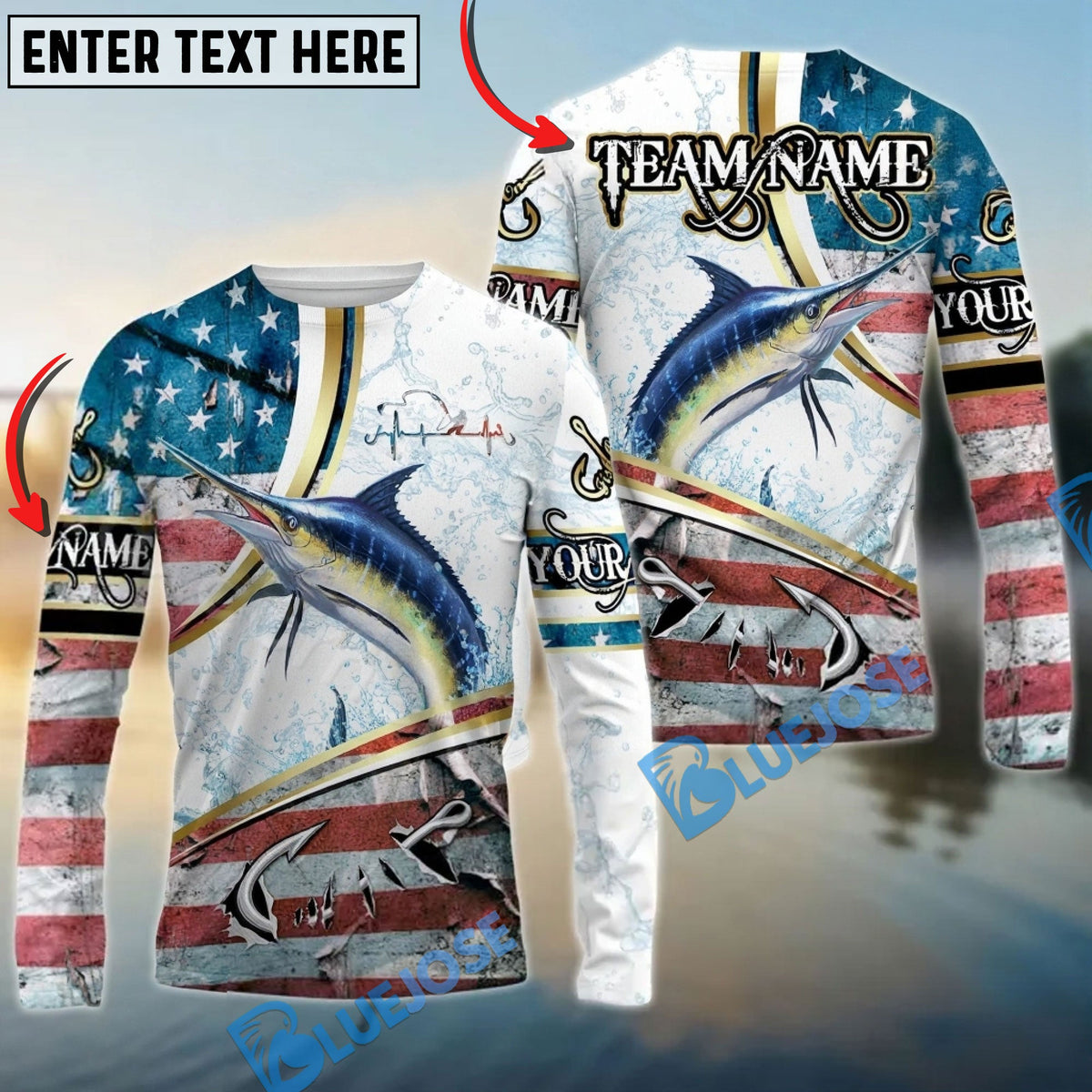 BlueJose Marlin Fishing USA Flag Dynamic Splash Custom Name & Team Name 3D Shirts