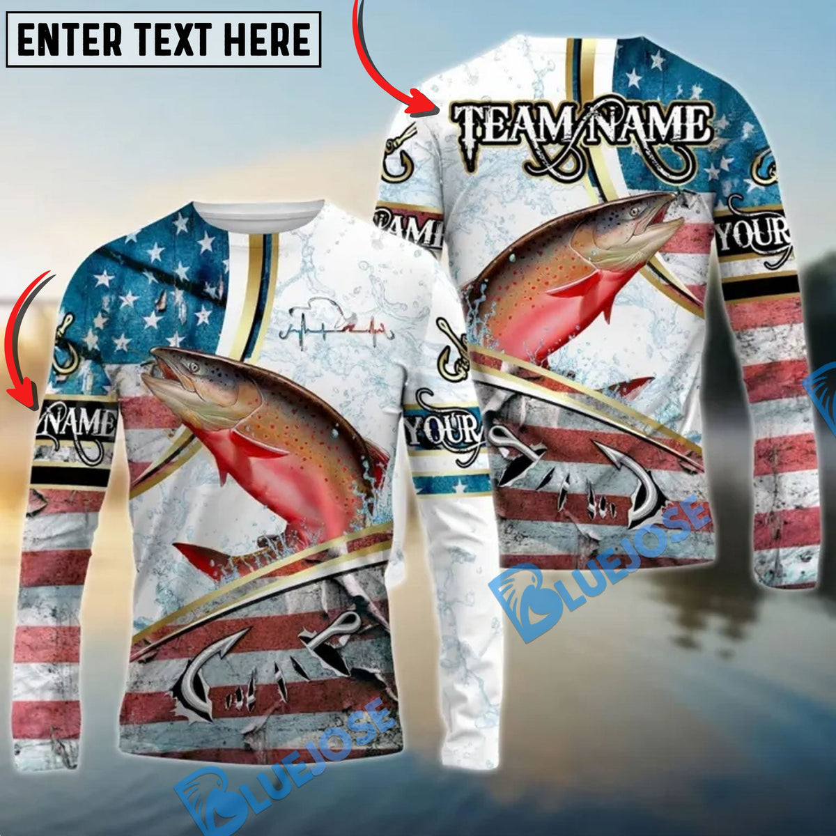 BlueJose Salmon Fishing USA Flag Dynamic Splash Custom Name & Team Name 3D Shirts
