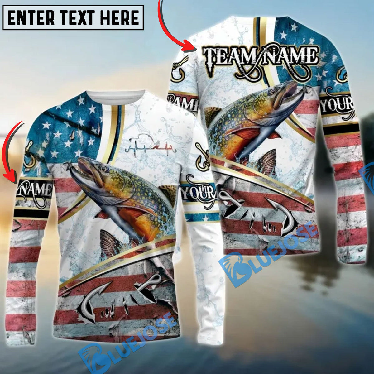 BlueJose Trout Fishing USA Flag Dynamic Splash Custom Name & Team Name 3D Shirts