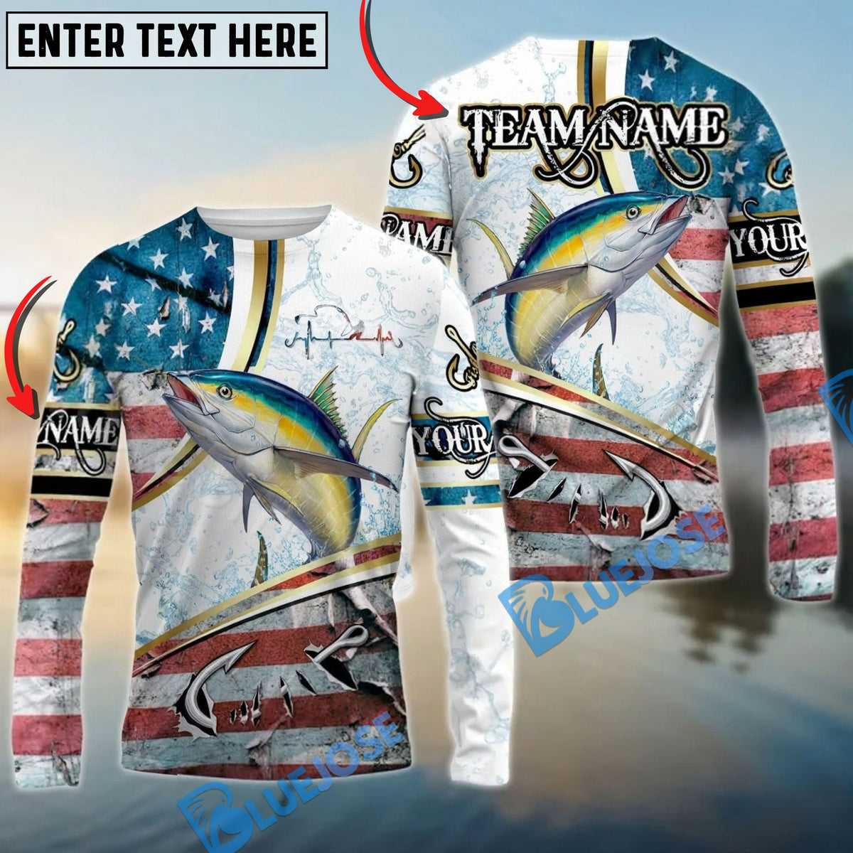 BlueJose Tuna Fishing USA Flag Dynamic Splash Custom Name & Team Name 3D Shirts