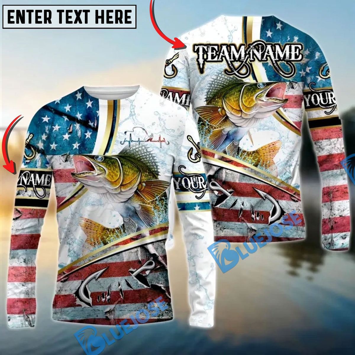 BlueJose Walleye Fishing USA Flag Dynamic Splash Custom Name & Team Name 3D Shirts