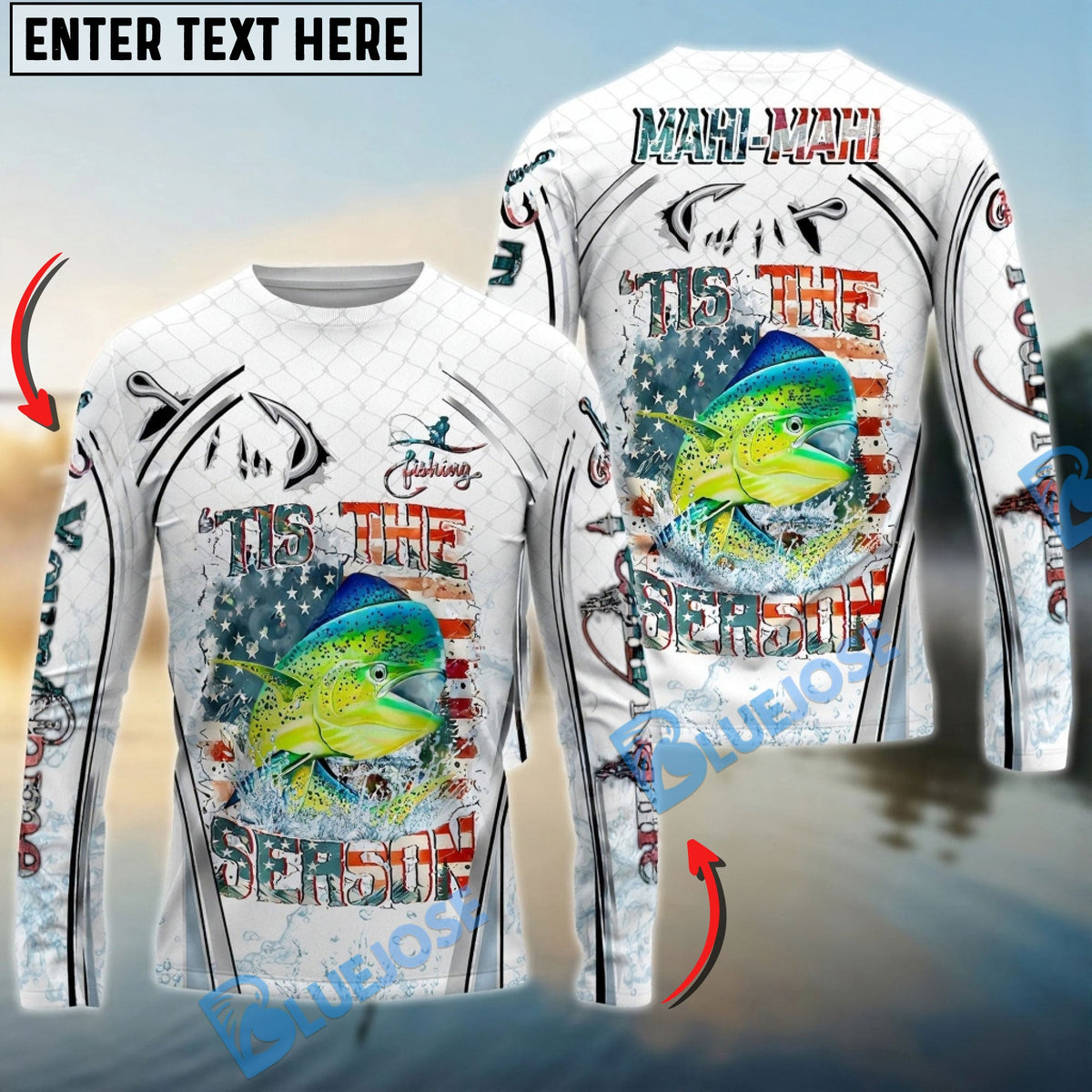 BlueJose Mahi-mahi Fishing Aggressive Splash Design Custom Name & Team Name 3D Shirts
