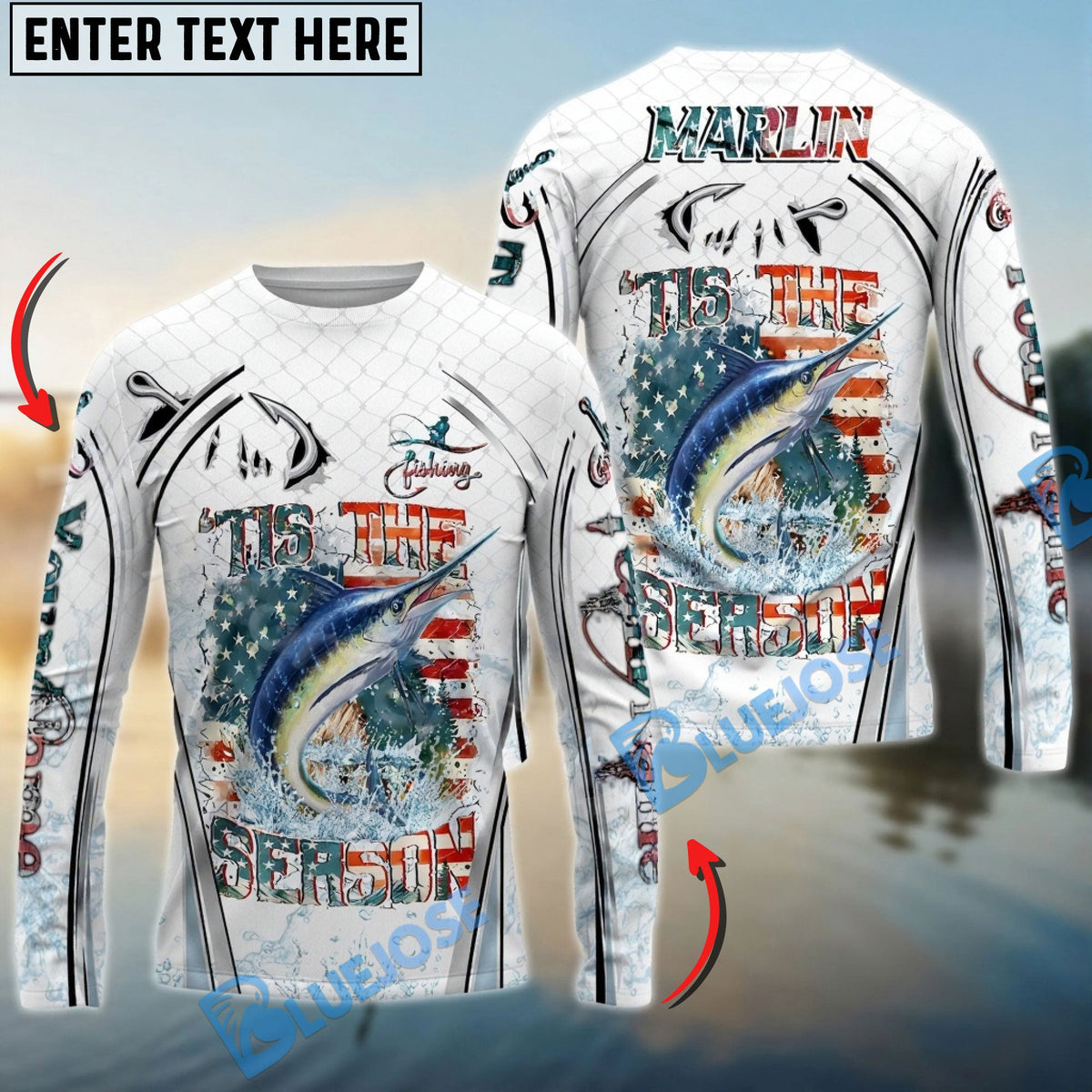 BlueJose Marlin Fishing Aggressive Splash Design Custom Name & Team Name 3D Shirts