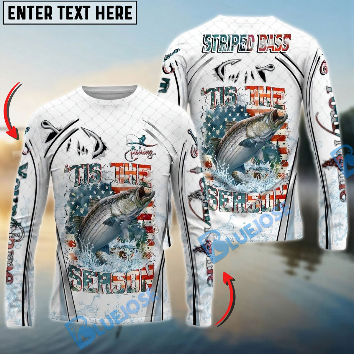 BlueJose Striped Bass Fishing Aggressive Splash Design Custom Name & Team Name 3D Shirts