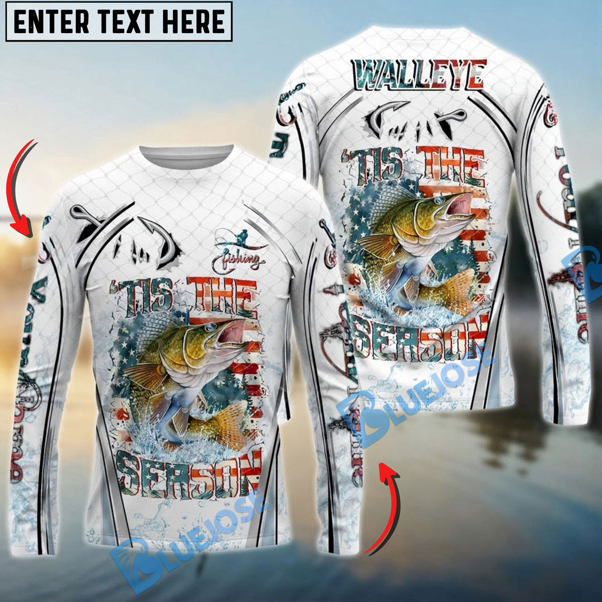 BlueJose Walleye Fishing Aggressive Splash Design Custom Name & Team Name 3D Shirts