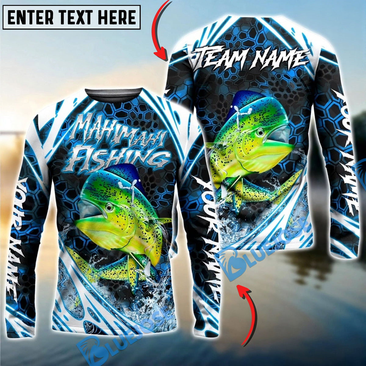 BlueJose Mahi-mahi Fishing Modern Hexagon Water Splash Custom Name & Team Name 3D Shirts