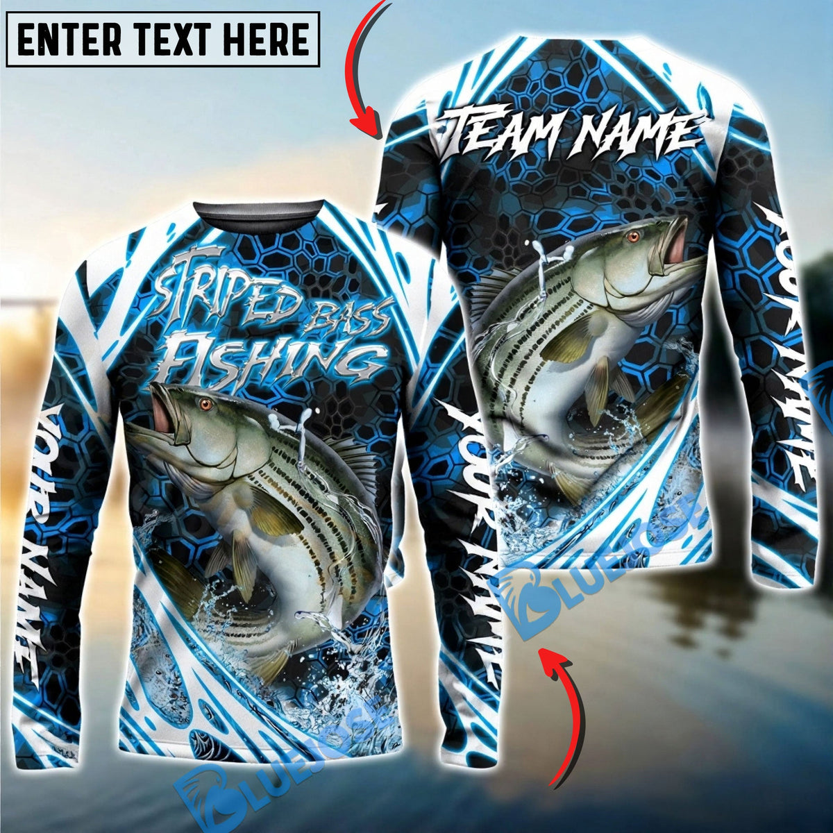 BlueJose Striped Bass Fishing Modern Hexagon Water Splash Custom Name & Team Name 3D Shirts