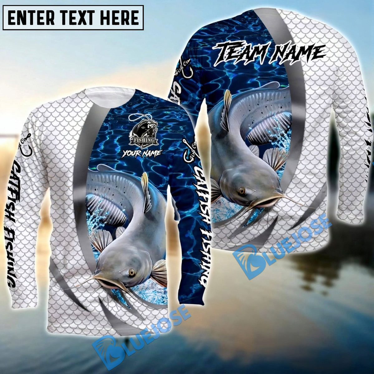 BlueJose Catfish Silver Scale Pattern Realistic Jumping Fish Water Splash Custom Name & Team Name 3D Shirts