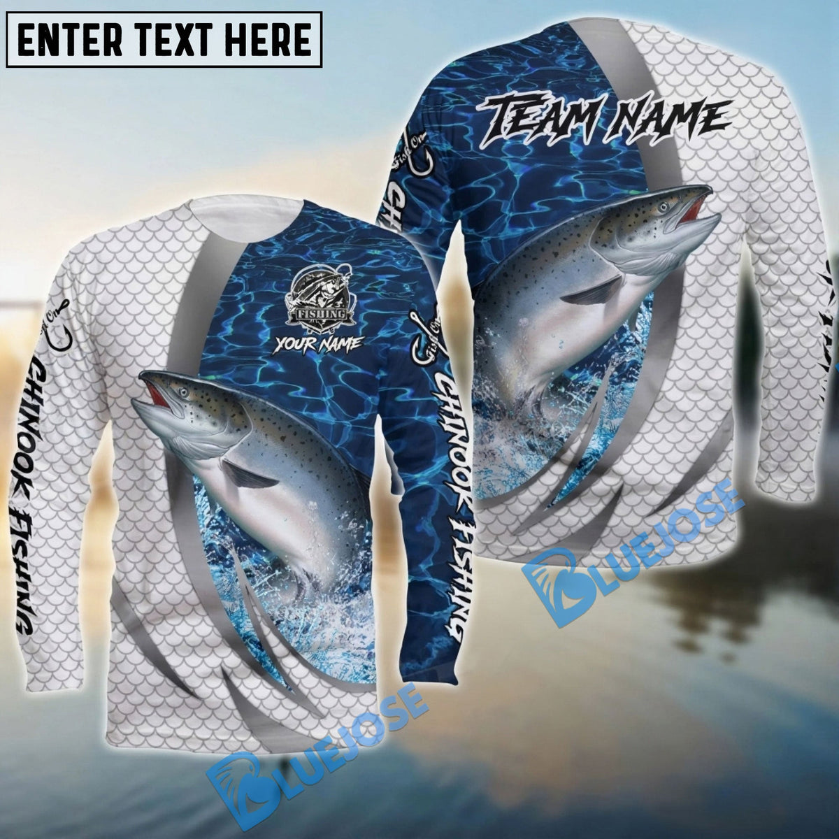 BlueJose Chinook Salmon Silver Scale Pattern Realistic Jumping Fish Water Splash Custom Name & Team Name 3D Shirts