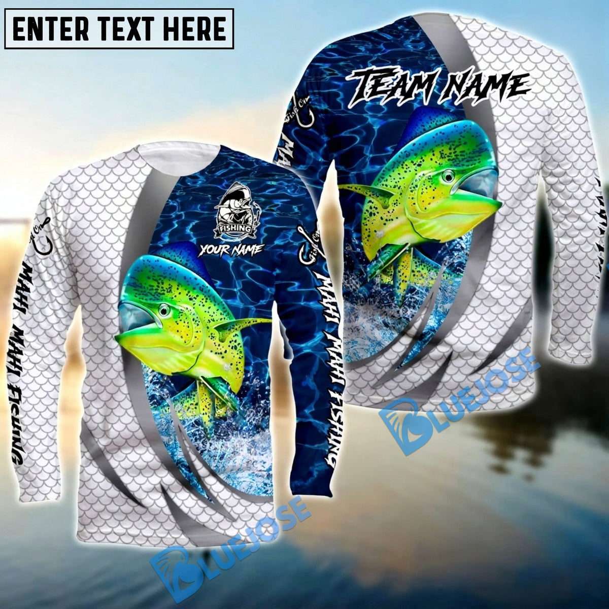 BlueJose Mahi-mahi Silver Scale Pattern Realistic Jumping Fish Water Splash Custom Name & Team Name 3D Shirts