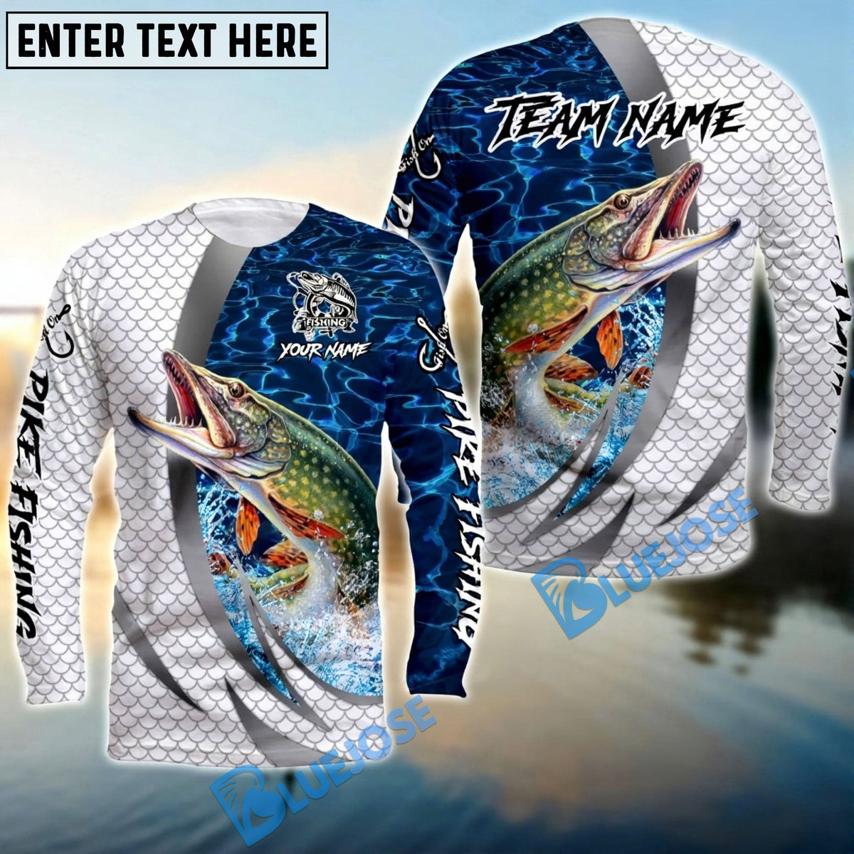 BlueJose Pike Silver Scale Pattern Realistic Jumping Fish Water Splash Custom Name & Team Name 3D Shirts