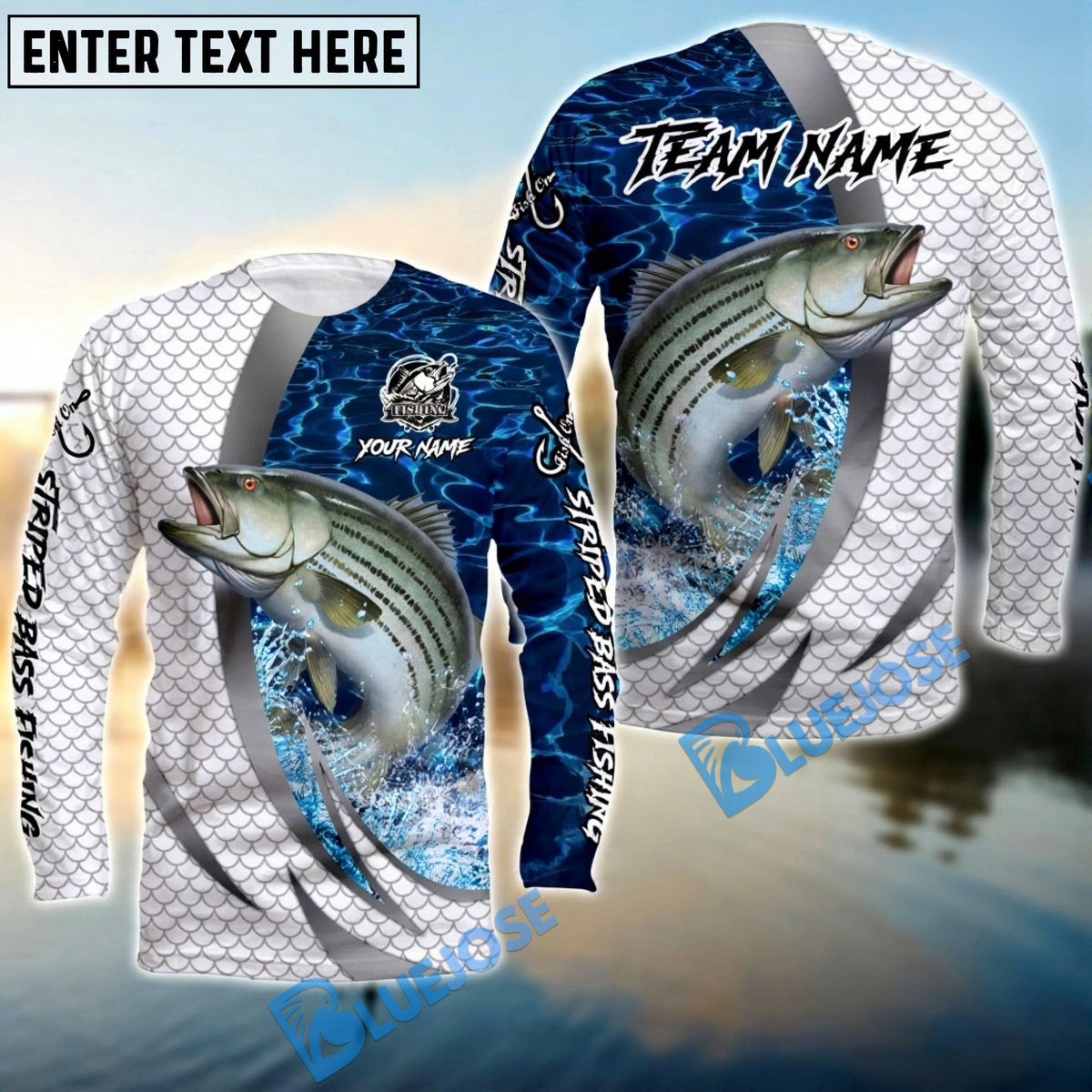 BlueJose Striped Bass Silver Scale Pattern Realistic Jumping Fish Water Splash Custom Name & Team Name 3D Shirts